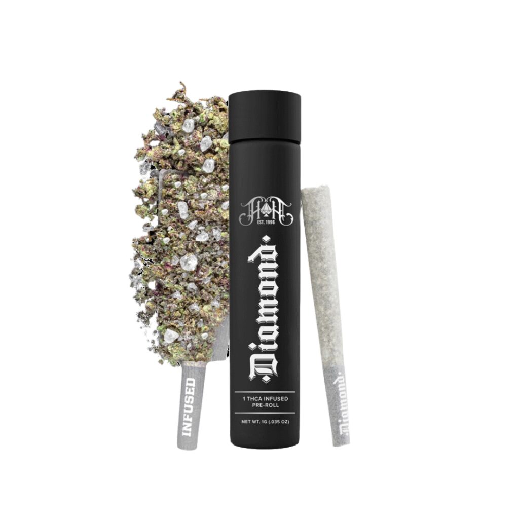 Two pre-rolls and a black container labeled Diamond. One pre-roll is open, showcasing infused cannabis with premium weed.
