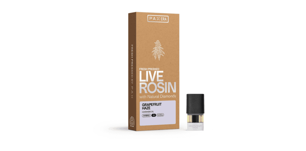 Experience the exquisite fusion of Live Rosin with Natural Diamonds in our Pax Pods line, featuring a vape cartridge labeled Grapefruit Haze. .