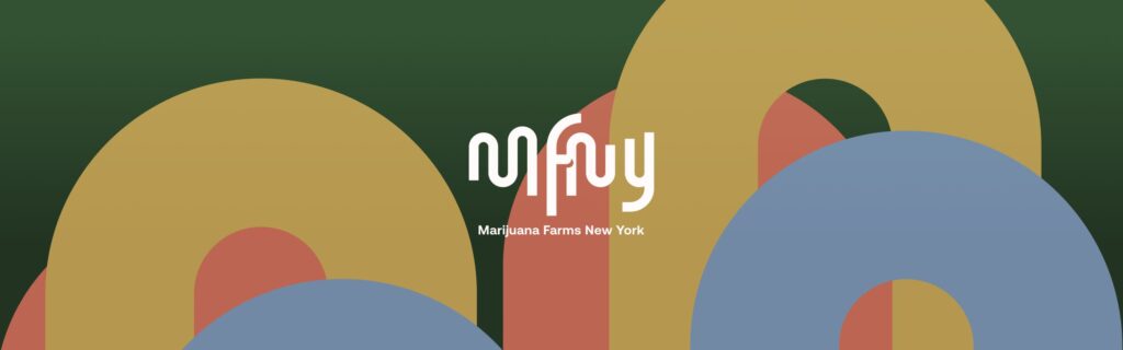 Abstract shapes with the text Marijuana Farms New York in the center.