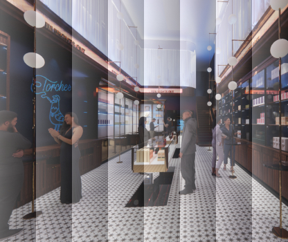 Interior of a modern store with people browsing products on shelves and decorative lighting overhead.