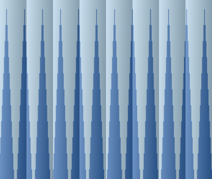 Stylized patterns of skyscrapers against a gradient blue background in an abstract vertical design.