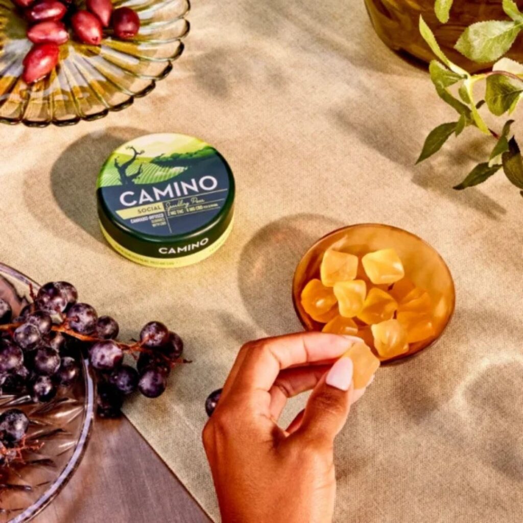 A hand picks up a yellow gummy from a bowl near grapes and a Camino gummies tin on a beige table. Indulge in the delicious taste of Camino gummies for an elevated experience.