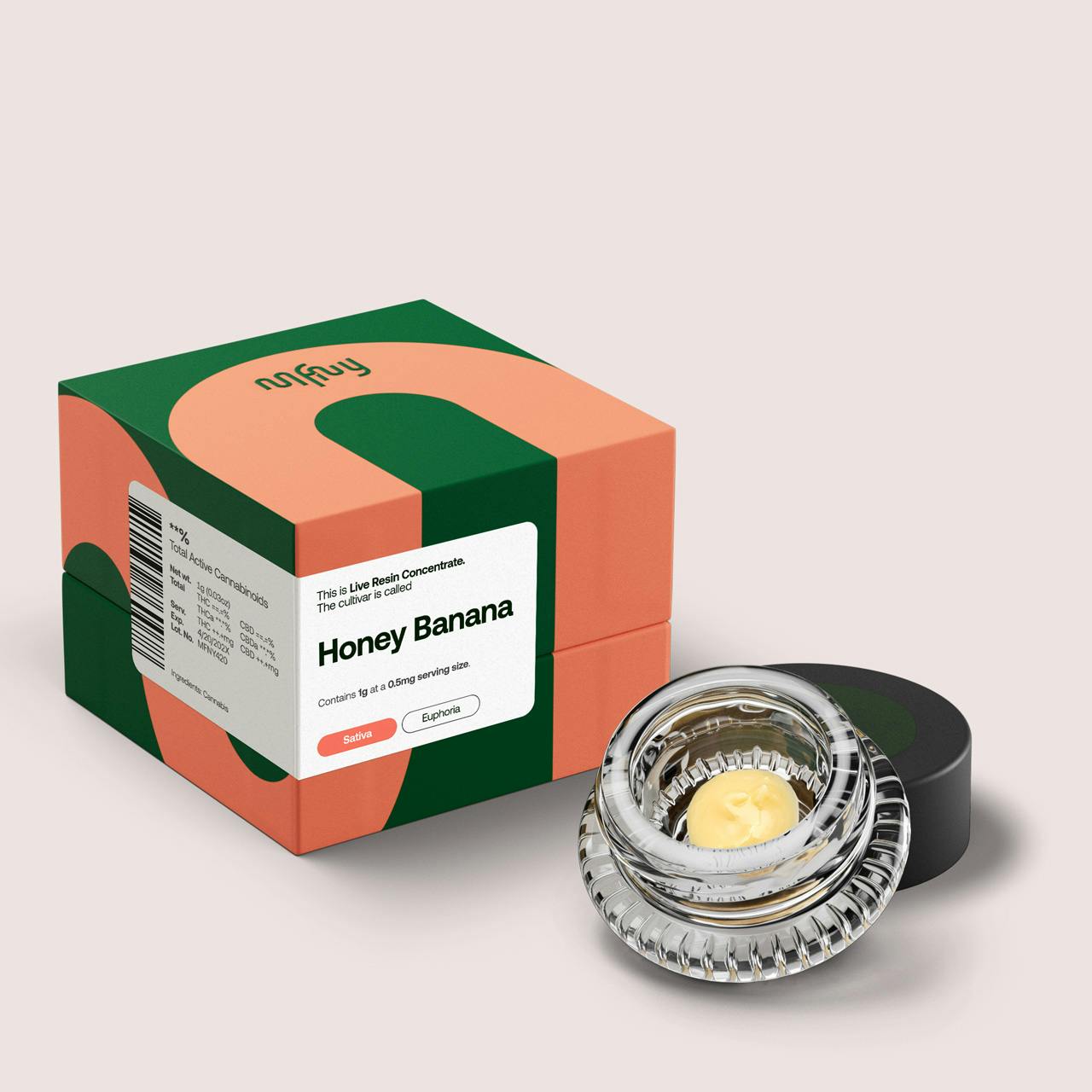 A box labeled Honey Banana with a small glass jar of yellow concentrate beside it on a light background.