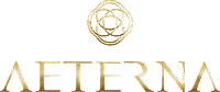 Gold geometric design above AETERNA in gold text on a transparent background.