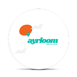 Logo with an orange and teal design featuring a balloon shape and the text ayrloom.