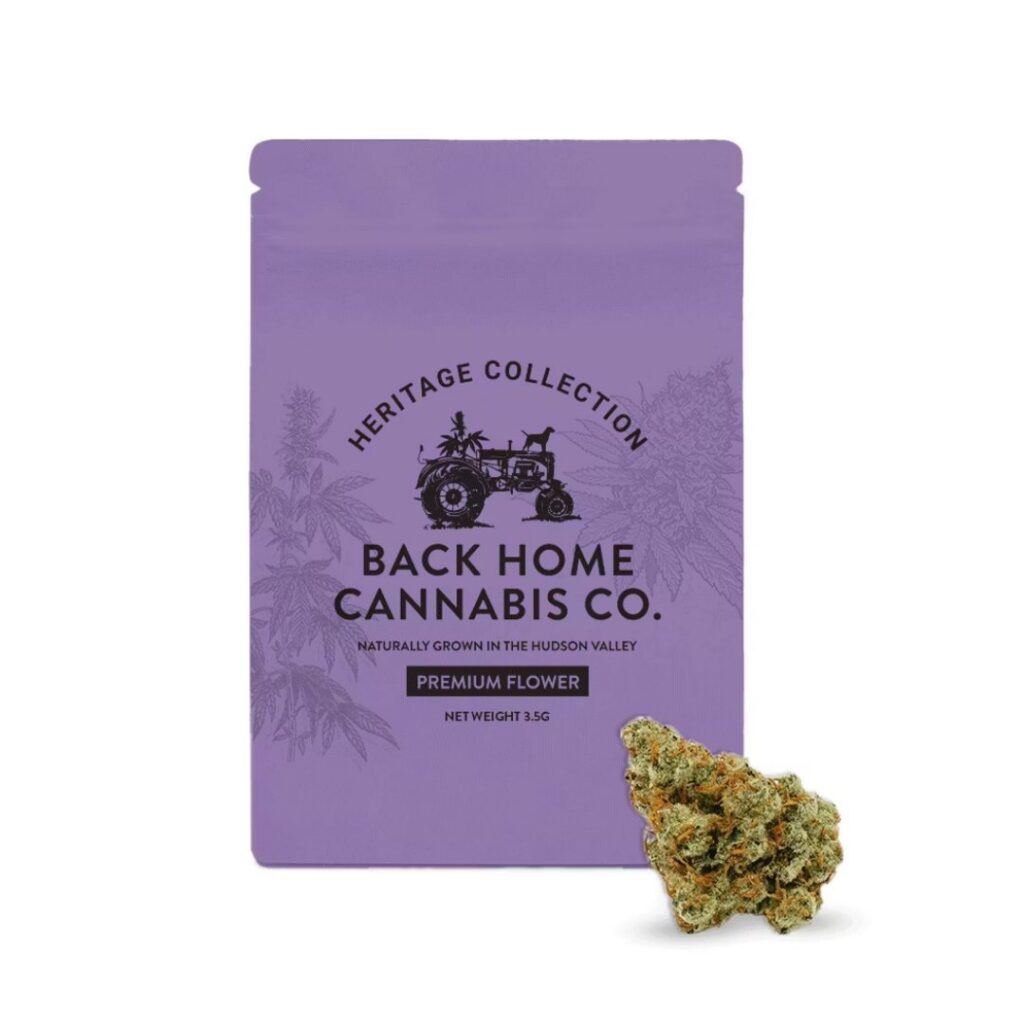 Purple cannabis flower pouch labeled Back Home Cannabis Co. with a small Northern Lights strain bud in front.