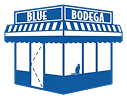 Illustration of a blue corner store named Blue Bodega with a silhouette of a cat in the window.