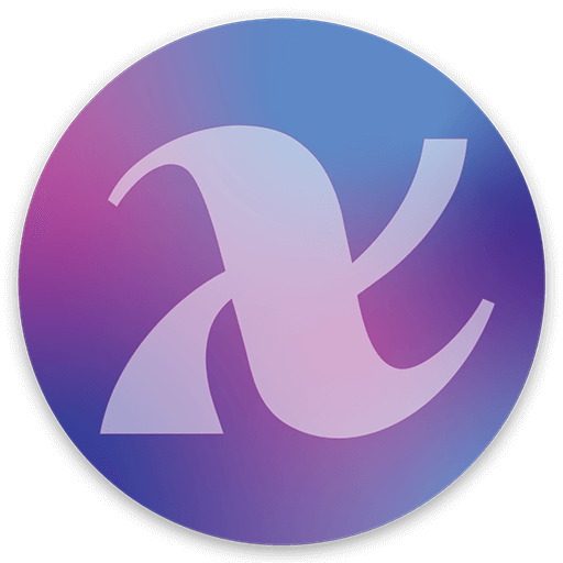A stylized white X on a purple and blue gradient circular background.