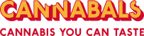 Text logo reads CANNABALS and CANNABIS YOU CAN TASTE in red and yellow, styled in a bold, playful font.