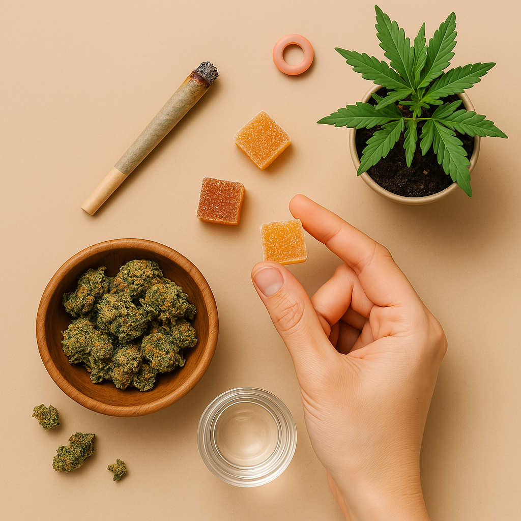 Edibles, cannabis buds, joint, and plant on a beige surface. Hand holding a gummy.