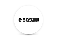 Logo with the text GRAV LABS in a stylized black font on a white circular background.