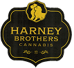 A black and gold logo for Harney Brothers Cannabis with a silhouette of two lions facing each other.