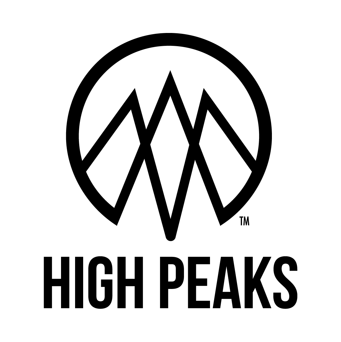 Black and white logo with mountain shapes in a circle above the text HIGH PEAKS in bold letters.