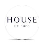 White circle with HOUSE OF PUFF text in the center, shadow below.