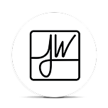 Minimalist logo with stylized JW inside a square on a white circular background.