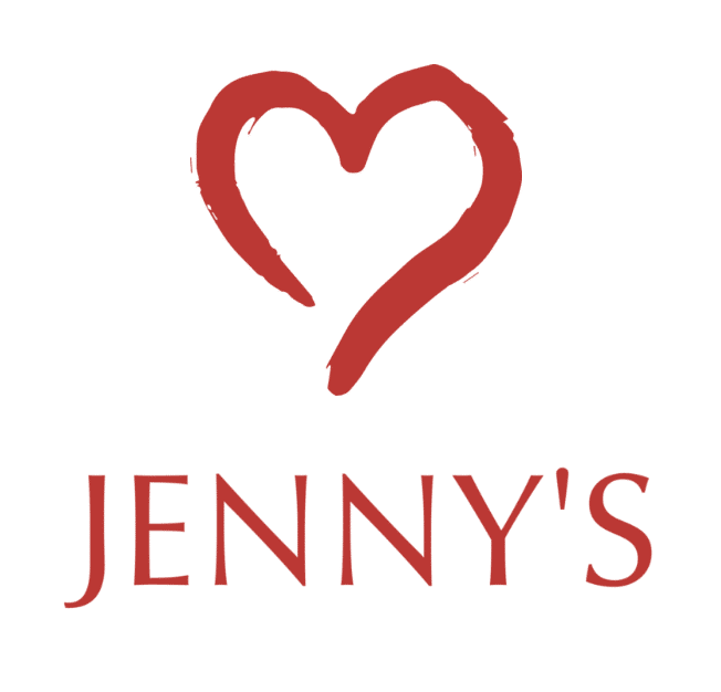 Red heart outline above the word JENNYS in red capital letters on a white background.