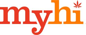 Myhi logo in red and orange text with a small leaf design above the letter i.
