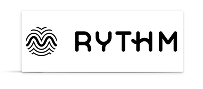 Logo with wavy line art symbol and the word RYTHM in stylized black text on a white background.