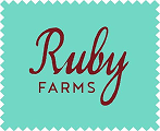 A teal stamp with Ruby Farms in red cursive text.