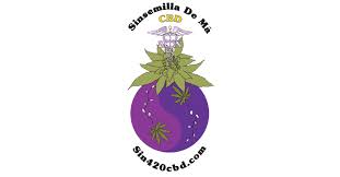Logo with a purple yin-yang, green cannabis leaves, and text Sinsemilla De Ma and Sina420cbd.com.