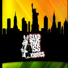 A city skyline with the Statue of Liberty and a cartoon rabbit in a suit labeled Slap Tha Ass Exotics.