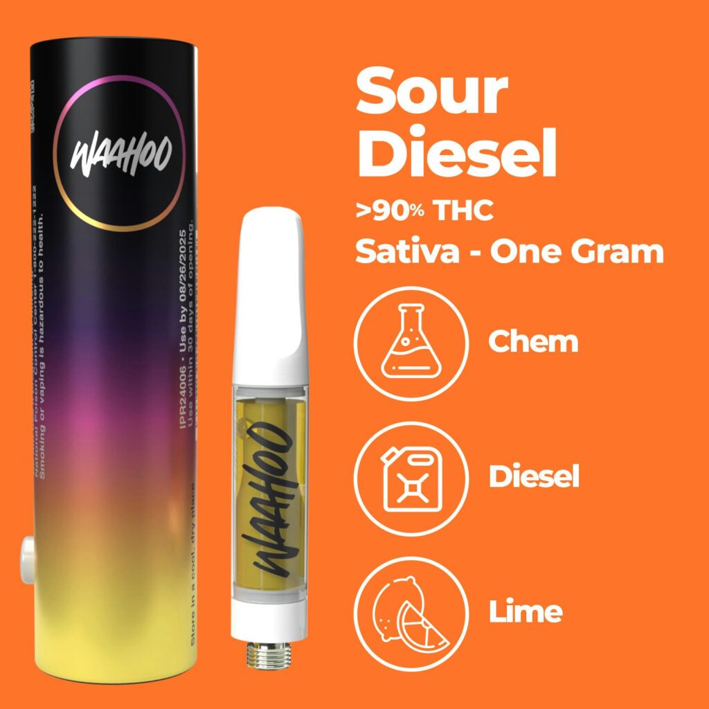 Vape cartridge with colorful packaging labeled Sour Diesel strain, boasting over 90% THC; notes of chem, diesel, and lime.