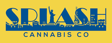 Blue Splash Cannabis Co logo with New York skyline and Statue of Liberty on a yellow background.