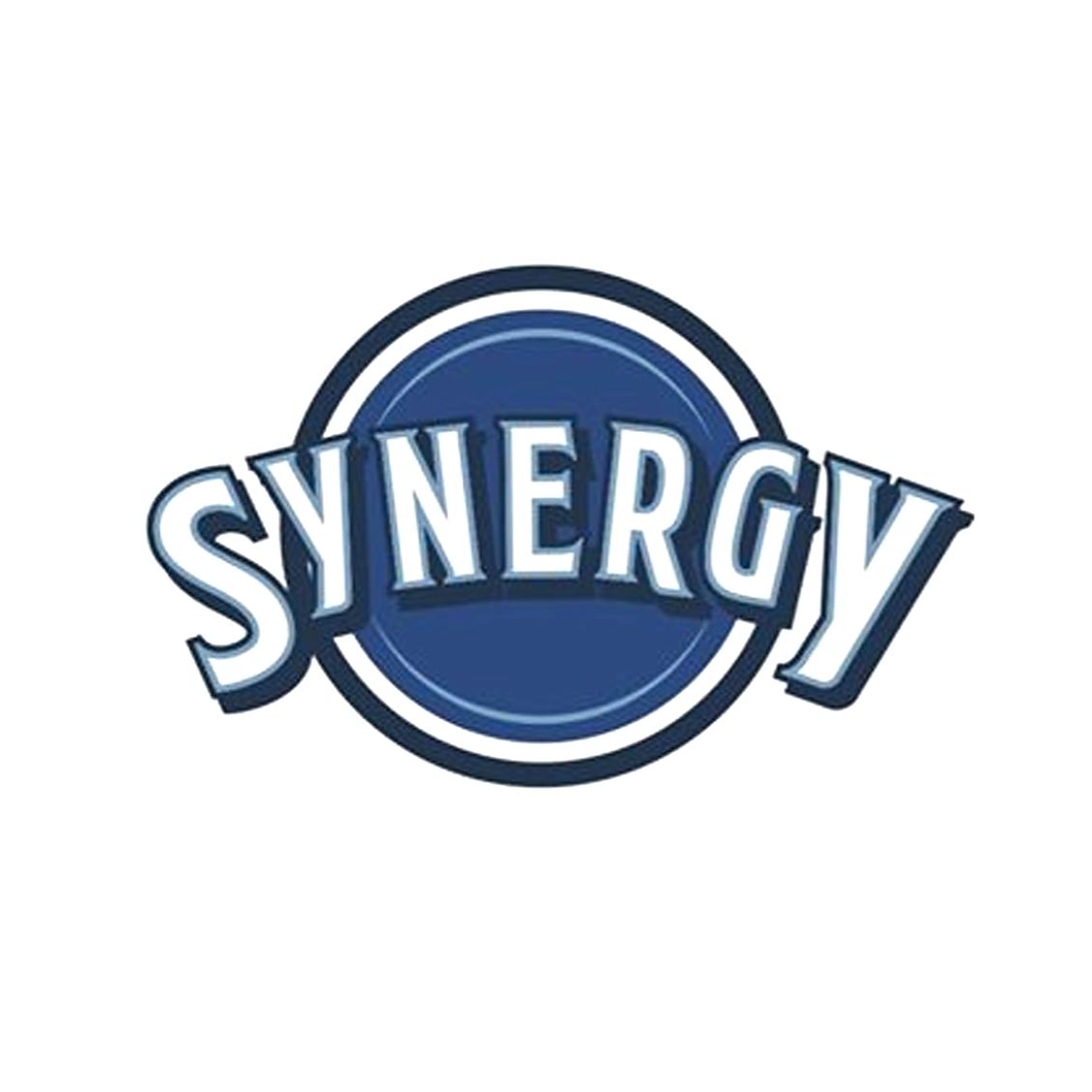 The word Synergy in bold, stylized white letters on a blue circular background.