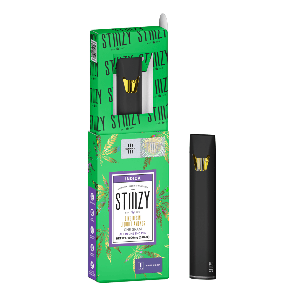STIIIZY branded vape and green box White Widow strain with gold accents and cannabis leaf designs, labeled Indica.