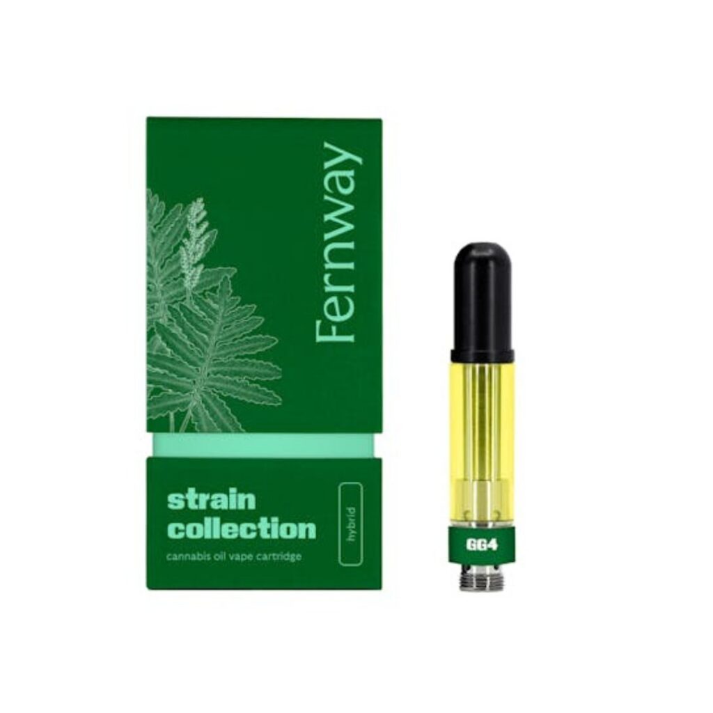 Green Fernway Pineapple Express strain cannabis vape cartridge box with a leaf design, next to a filled vape cartridge.
