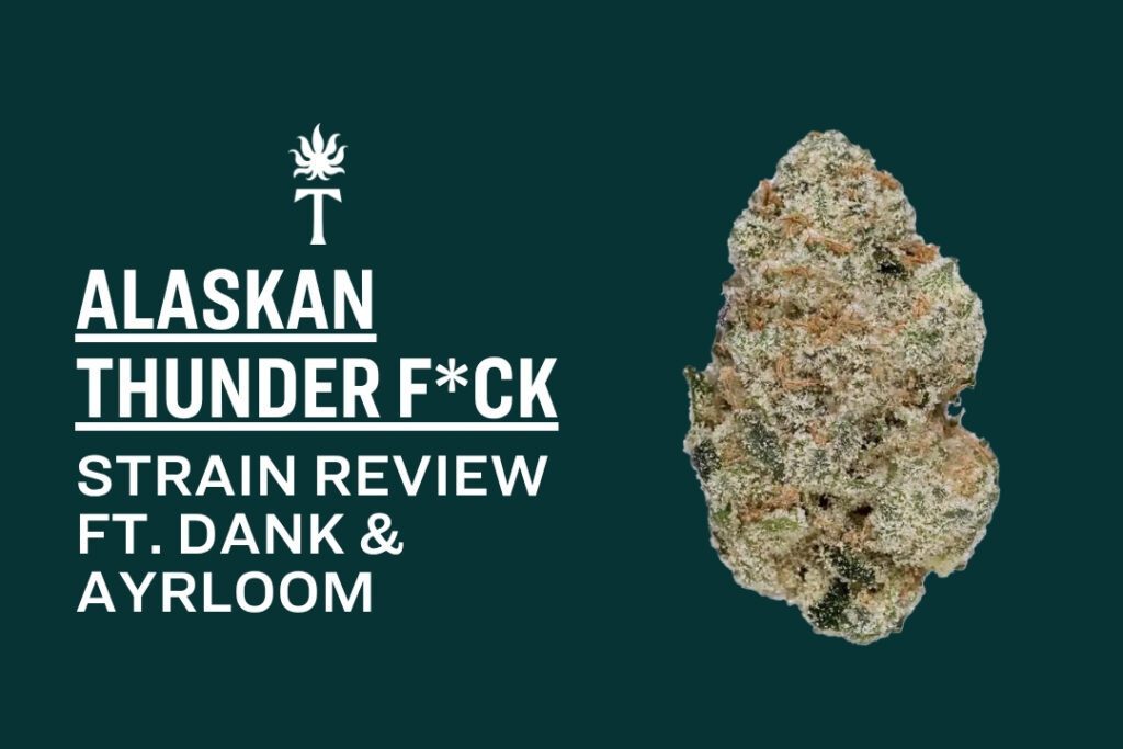 Text reads Alaskan Thunder F*ck Strain Review ft. Dank & Ayrloom with a cannabis bud on a dark green background.