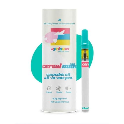White vape pen and cylinder container labeled cereal milk cannabis oil, with colorful logo and text.