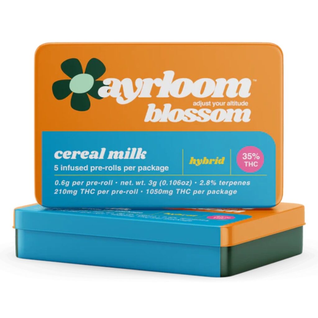 Ayrloom Blossom Cereal Milk strain pre-rolls come in an eye-catching orange and teal box, labeled with 35% THC and hybrid for a balanced experience.