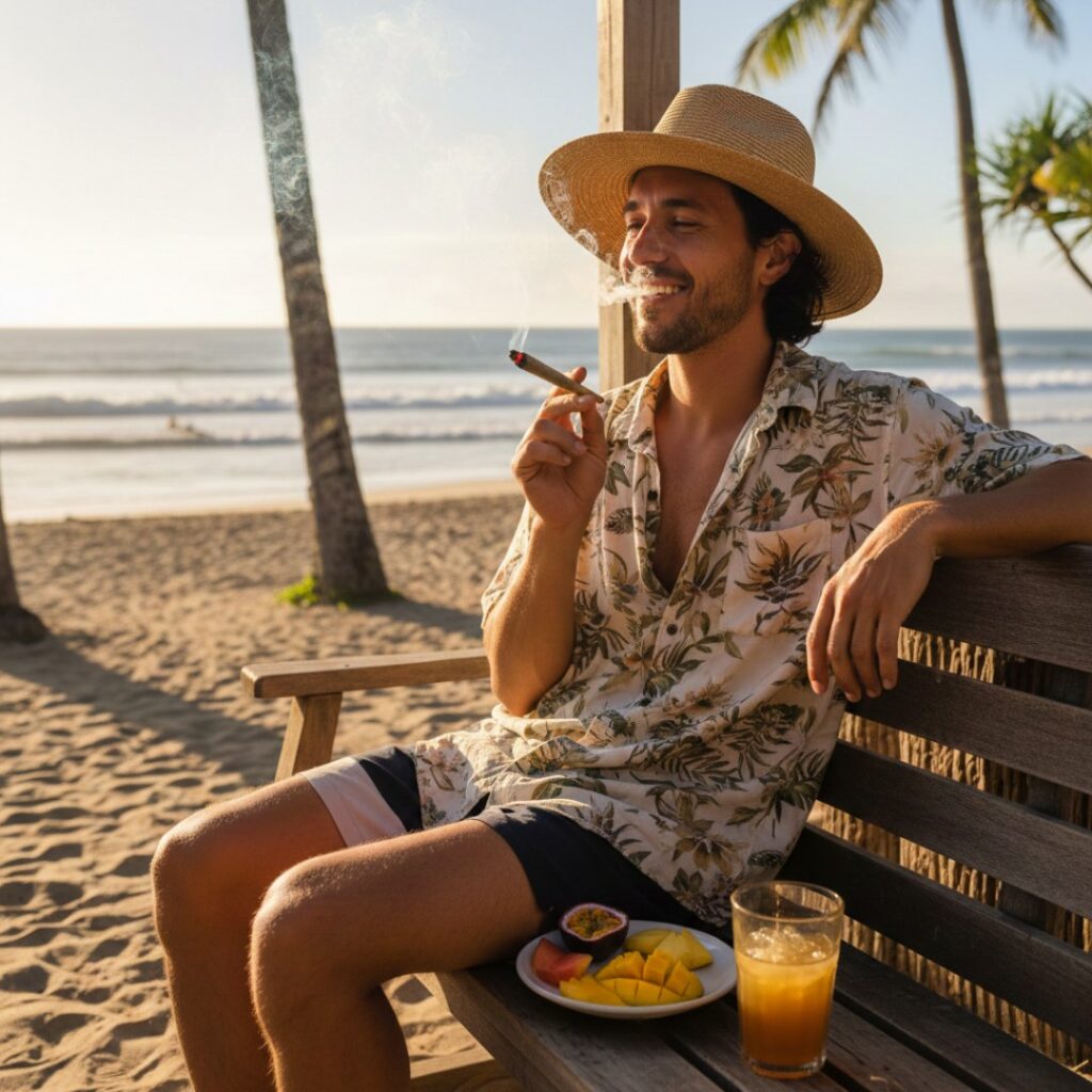 Man in a straw hat smoking a cigar, relaxing on a beach bench with fruit, juice, and the laid-back vibe of the Pineapple Express strain by the sea.