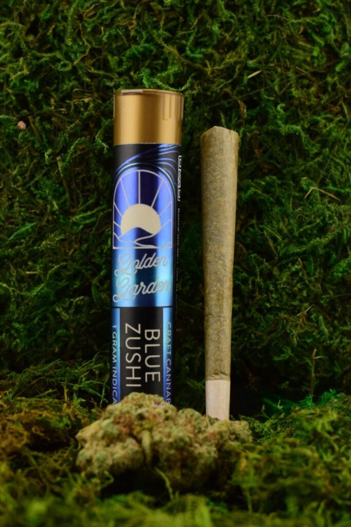A pre-rolled joint, a tube labeled Blue Zushi, and cannabis buds on green moss.