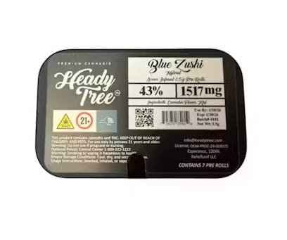 Black tin labeled Heady Tree Blue Zushi cannabis pre-rolls, 43% THC, 1517mg, contains 7 pre-rolls.