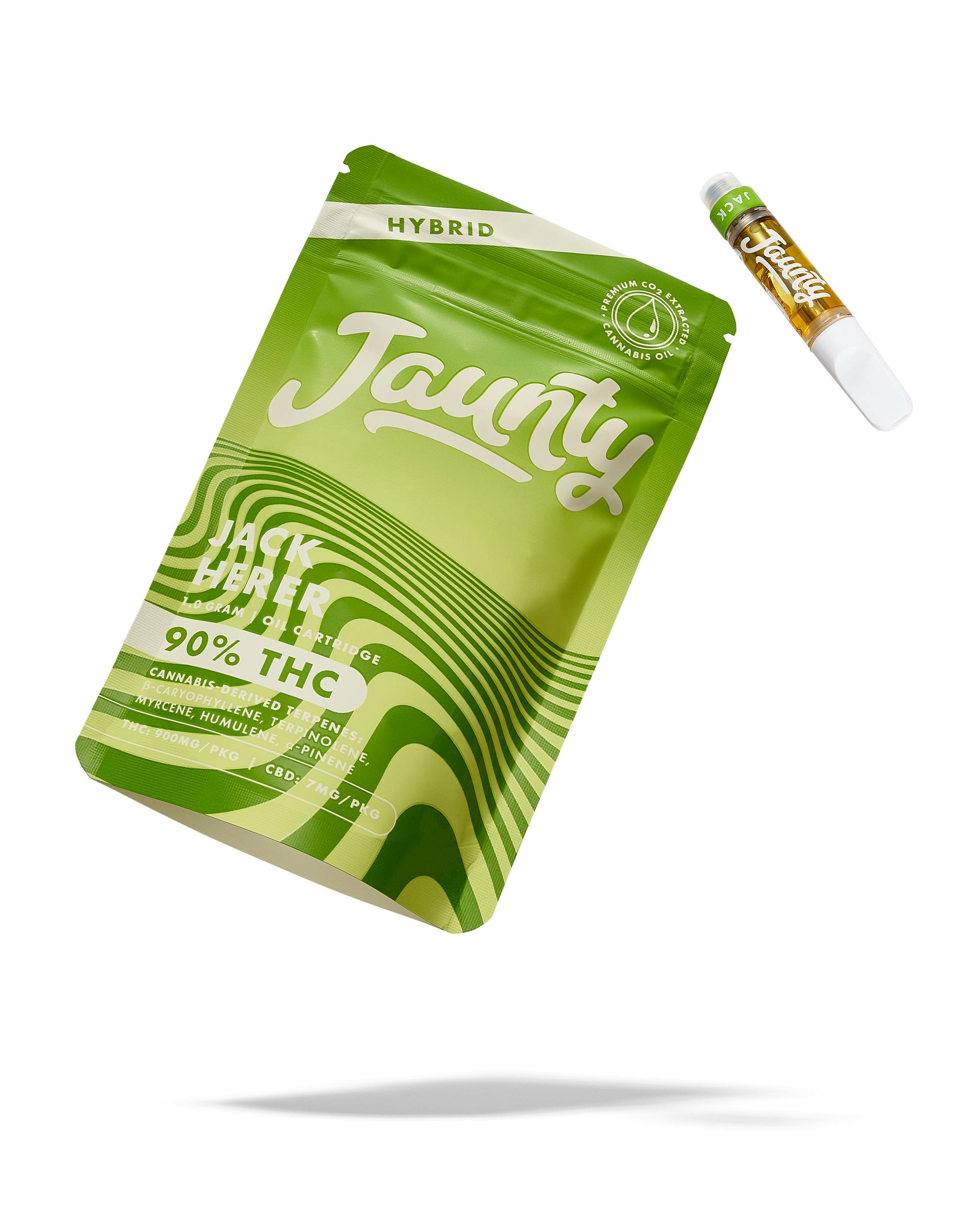 Green Jaunty cannabis vape packaging labeled Jack Herer strain with a vape cartridge beside it on a white background.