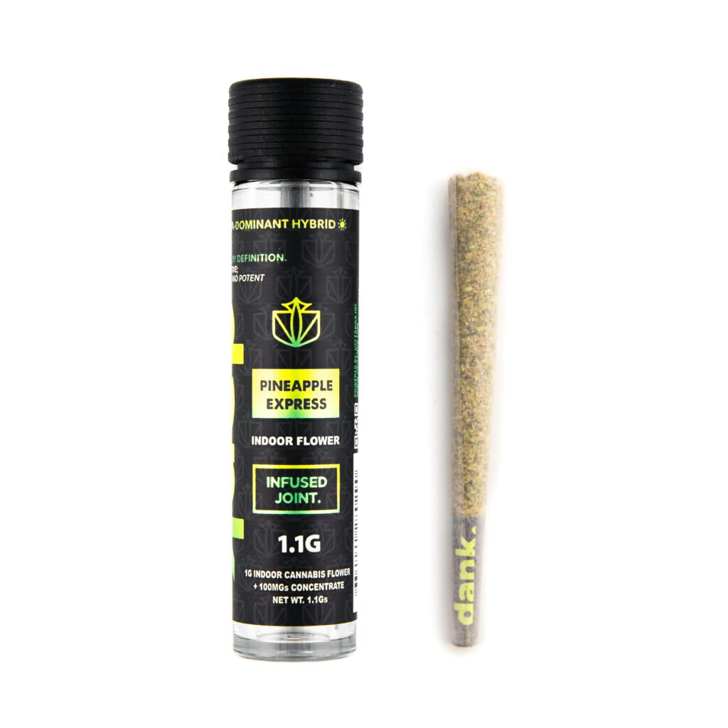 A tube labeled “Pineapple Express Infused Joint” and a pre-rolled cannabis joint side by side.