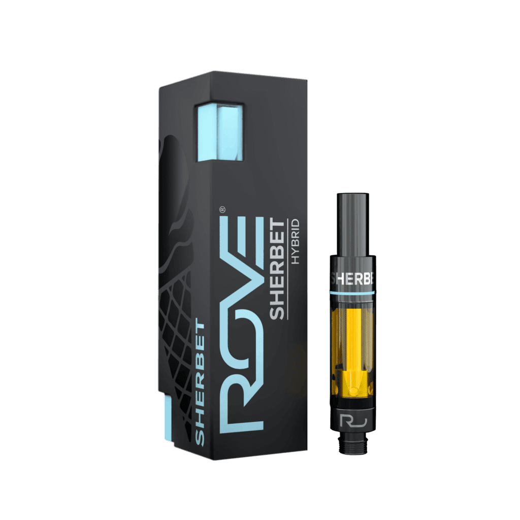 Rove Sherbet Hybrid vape cartridge and its black packaging with turquoise accents.
