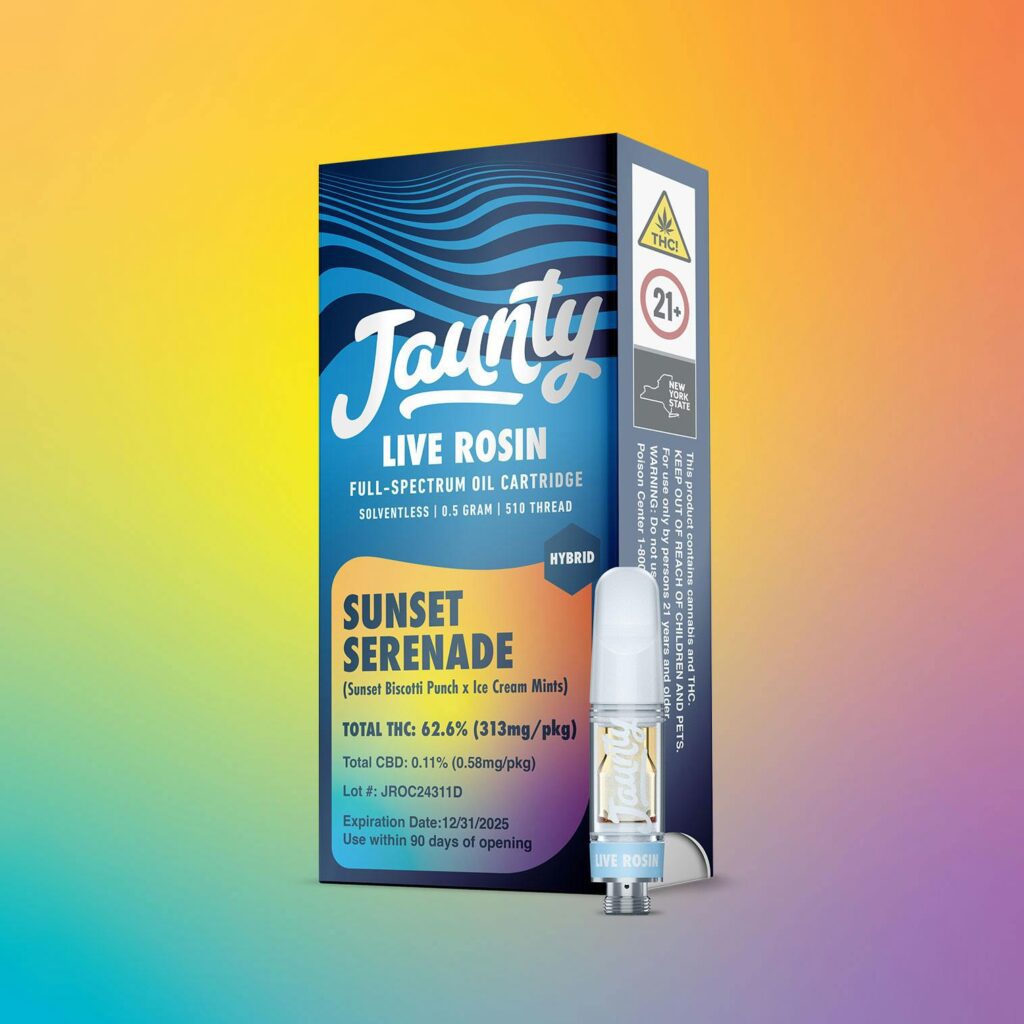 A Jaunty Live Rosin vape cartridge box with Sunset Serenade flavor on a colorful gradient background.