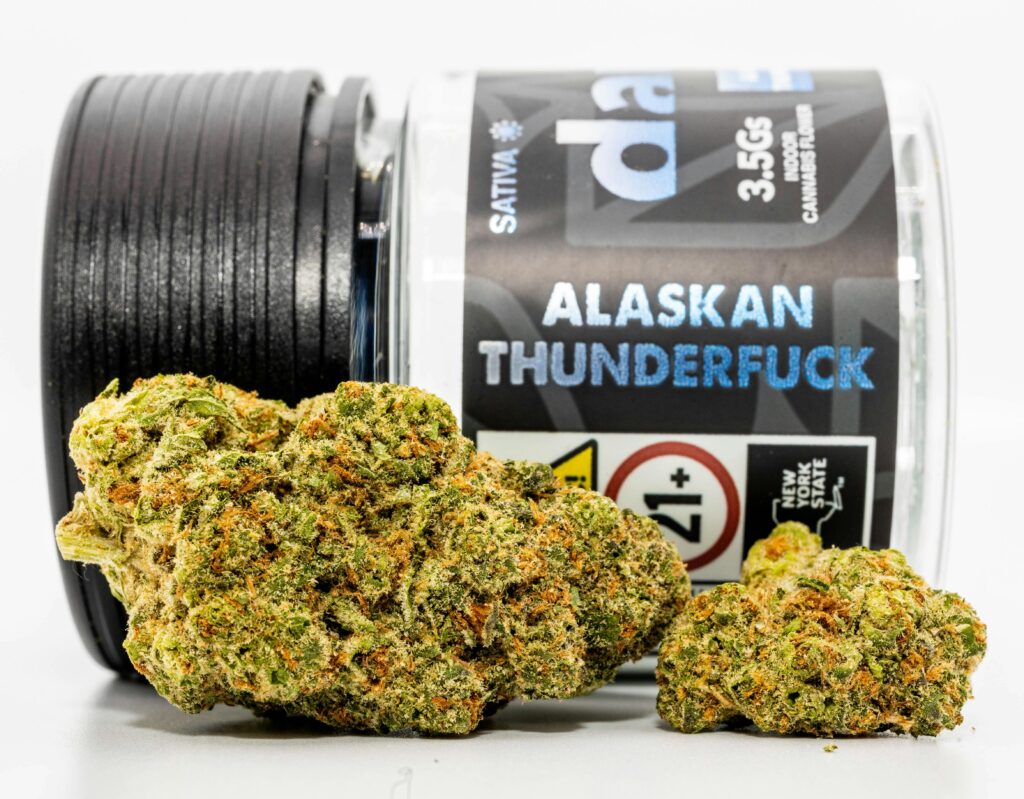 Two cannabis buds in front of a labeled container reading Alaskan Thunderfuck, 3.5g, Sativa.