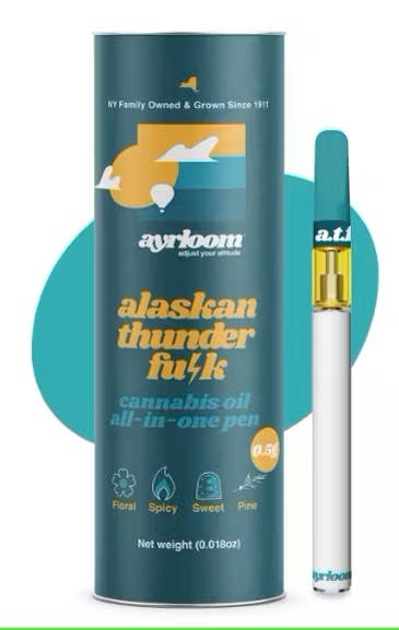 Cannabis oil vape pen and teal packaging labeled Alaskan Thunder Fv4k with flavor notes.
