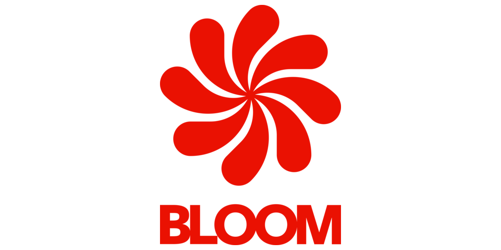 Red abstract flower-like shape above the word “BLOOM” in bold red capital letters on a white background.