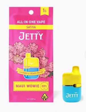 A Jetty Maui Wowie all-in-one vape with pink floral packaging and a yellow-blue vape device beside it.