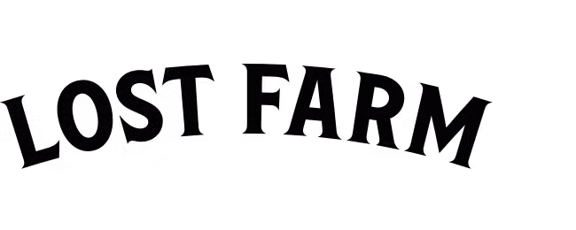 Text LOST FARM in bold, black, curved uppercase letters on a white background.
