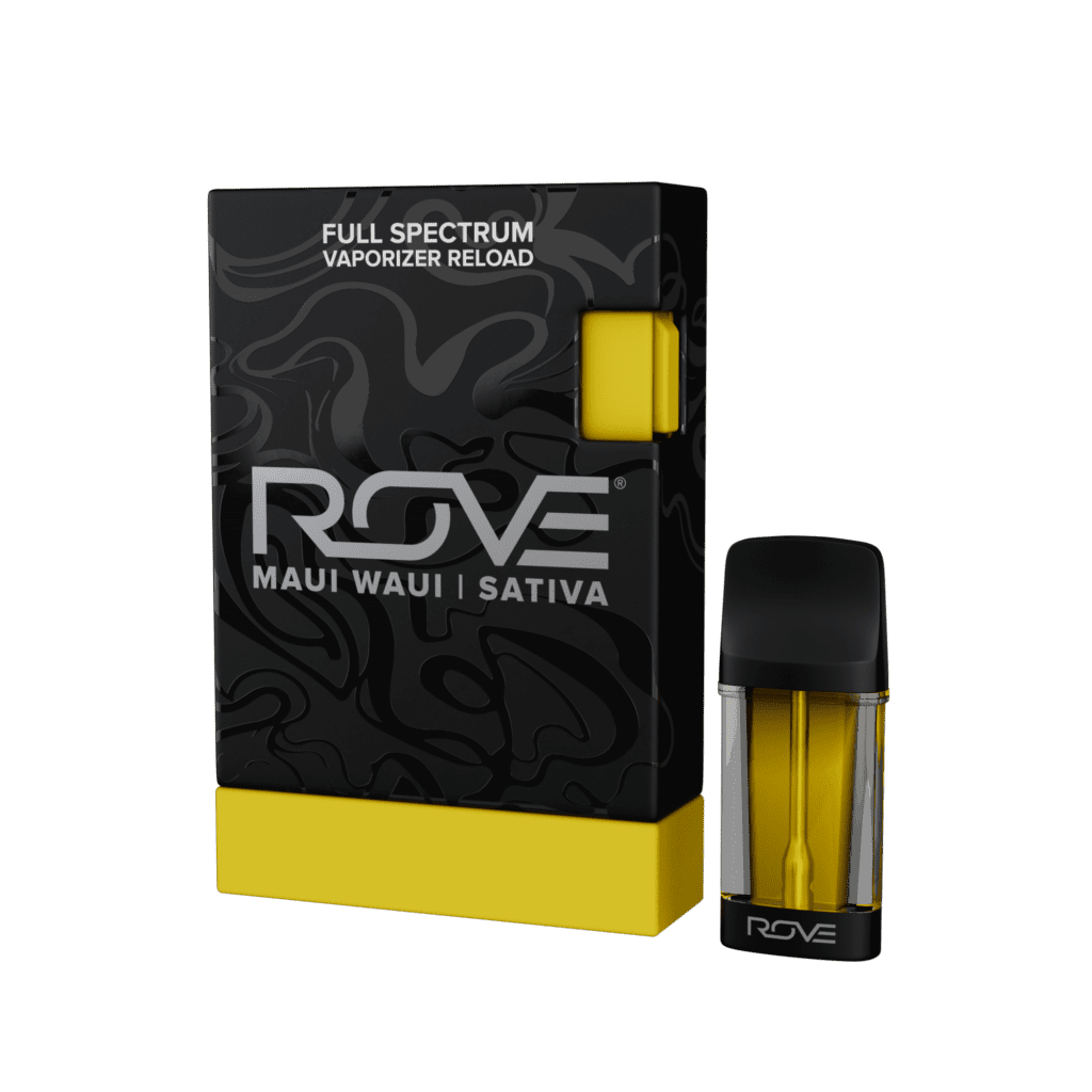 A Rove Maui Waui Sativa vape cartridge and its black and yellow full-spectrum packaging.
