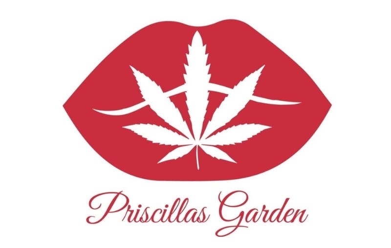 Red lips with a white cannabis leaf inside; Priscillas Garden written below in cursive font.