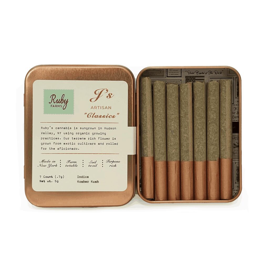 An open tin with seven pre-rolled Kosher Kush joints and a label detailing strain and product information.