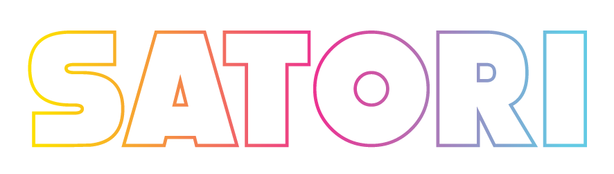 SATORI in bold, uppercase letters with a colorful gradient outline on a white background.