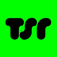Bold black letters tsr in a rounded font on a bright green background.